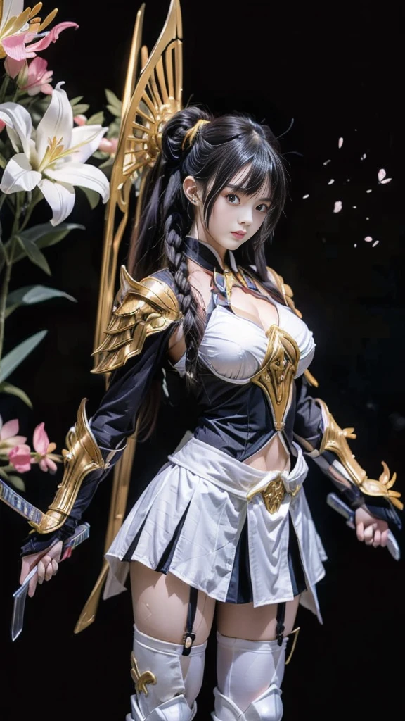 Sexy female character wearing white armor as a warrior from the Sengoku period 、((french braid hair))、((onyx black hair))、((toned body))、(glistening skin)、 toned body、((mega breasts 1.8))、 plump breasts 、 plump thighs 、 The white armor with a lily pattern engraved on it is a bikini type and is designed to emphasize chest exposure、(  wear a cloak with a lily flower pattern )、bustle skirt、 purple shin guard with lily flowers engraved on it 、White high-leg underwear 、White tights、 absolute domain、Hold the sword with both hands and swing it up、Noble and elegant atmosphere、 The background is a battlefield with lilies in full bloom 、(( lots of lily petals scattered on the screen ))、 Super high resolution and realistic touch 、 shiny armor and fabric texture 、A dynamic pose is depicted in detail、