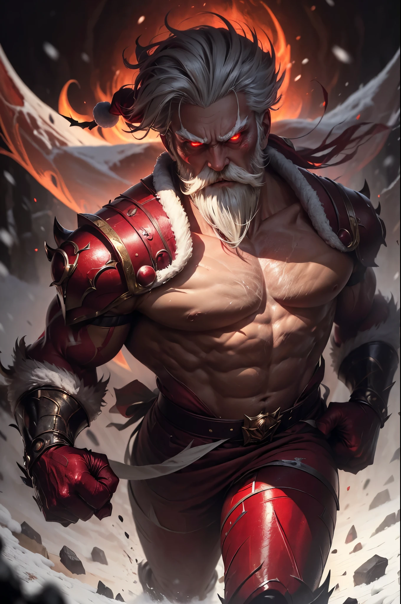 (( Top Quality, masterpiece:1.3)), ( sharp focus :1.2), full body, (60세 male), (Santa Claus, 198cm), (His eyes flash with a crimson glow.), (He walks calmly through the snowstorm on a dark night, across a snow-covered field.), (snowstorm), (He is wearing crimson metal knuckle dusters on both hands.), (A terrifying crimson light flashes in his eyes.), 사악한 미소. 산타 모자.