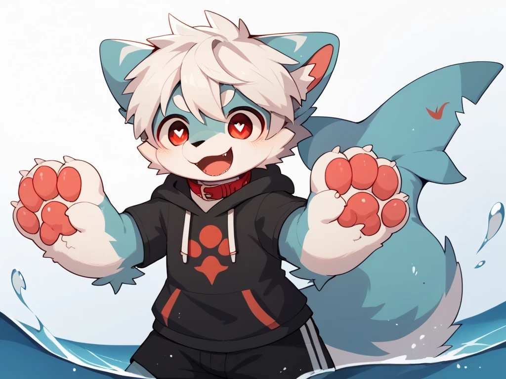  very detailedな, very detailed, white hair with gray fur ,Age 15,male, excited to see bones , wolf fur,Excited,participate, cute face, fluffy fur like one,swim,Horny boy,Red collar,cute ears ,Fluffy Ears , Fluffy Ears , in the sea,In the water, Shark Tail ,Show your legs,Show me a paw , hold a red collar and string, cute fur boy, Boy , heart eye,Horny boy , black back , white background , Blushing Nose ,Alone,Droopy ears, black shorts with blue fur, Black Short Sleeve Hoodie