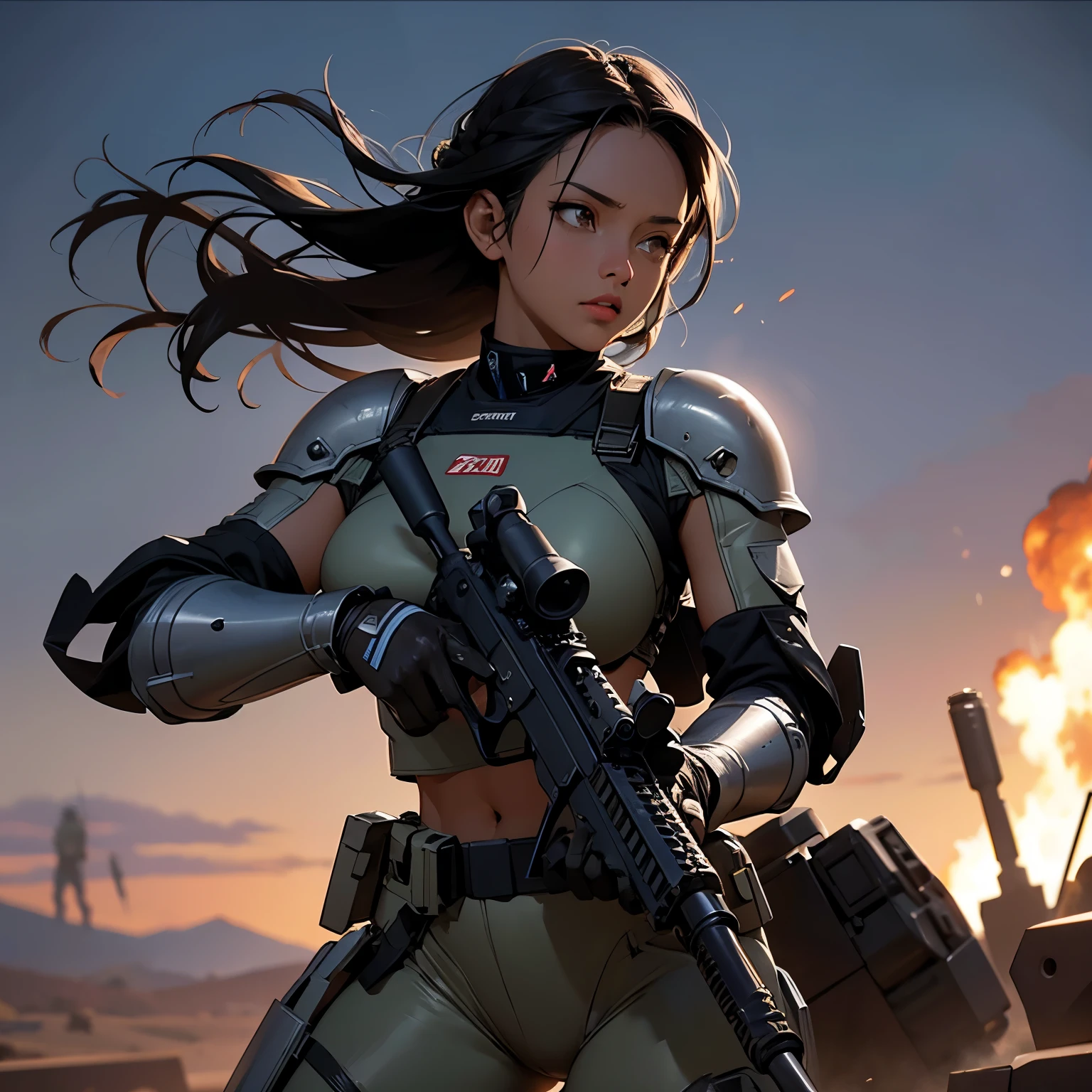 nsfw, anime screencap, 16K, perfect ??????? proportion body, perfect hands, action, A dynamic composition with a sense of speed and movement, (Hold an assault rifle:1.6), a wife, 40age, perfect beautiful delicate sexy face, perfect beautiful delicate eyes, braid-in-braid black hair, (dark skin:1.6), huge breasts, abs, Camouflage-colored heavy armored steam engine full armor powered suit, Many heavily armored robot soldiers are engaged in a firefight in the background., Flying bullets, Desert Battlefield, war, Post-apocalyptic,
