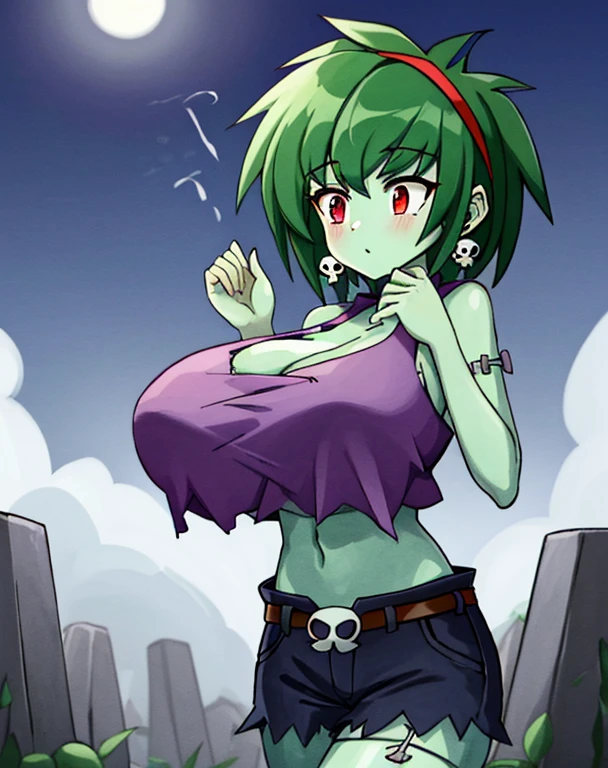 ((best quality)), ((highly detailed)), masterpiece, (detailed eyes, deep eyes), (1girl), upper body, rottytops, green hair, red eyes, green colored skin, hairband, skull earrings, purple crop top, belt, short shorts, purple socks, boots, outside, in a graveyardS SKY, fog, at night, glowing eyes, bluethebone, 1980s \(style\), (breast expansion), bereaction, torn top, gigantic breasts