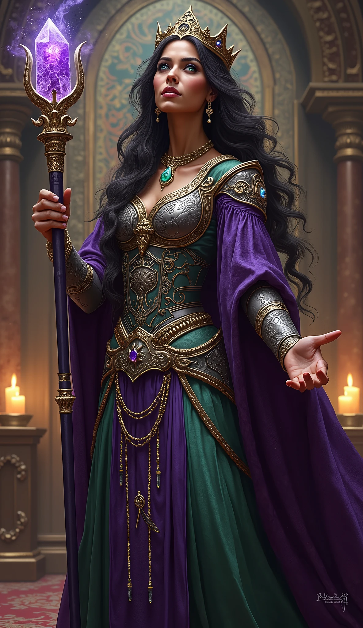 Game character standing drawing design,magestic,Gorgeous purple robes wrapped around the entire body,Hold a stout beer, Ornate staffs set with magic gemstones,Water magic,high-heels,Different layer overlays,Different angles,(full bodyesbian:1.4),solid color backdrop,clean backdrop,depth of fields,high light,Real light,Ray traching,oc rendered,Hyper-realistic,best qualtiy,8K,Works of masters,super-fine,Detailed pubic hair,Correct anatomy,