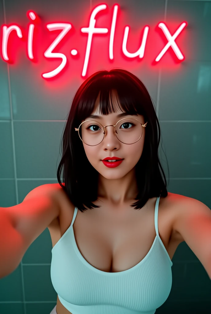 behind her big neon red light that read "rizFLUX Realist X",a pov of taking an instagram selfie a cute woman,againts square paterned wall,without make up,slight smile with slight open mouth,she has medium black hair with bangs,wearing circular glasses,wearing white crop top,film grain,natural face,pale skin,