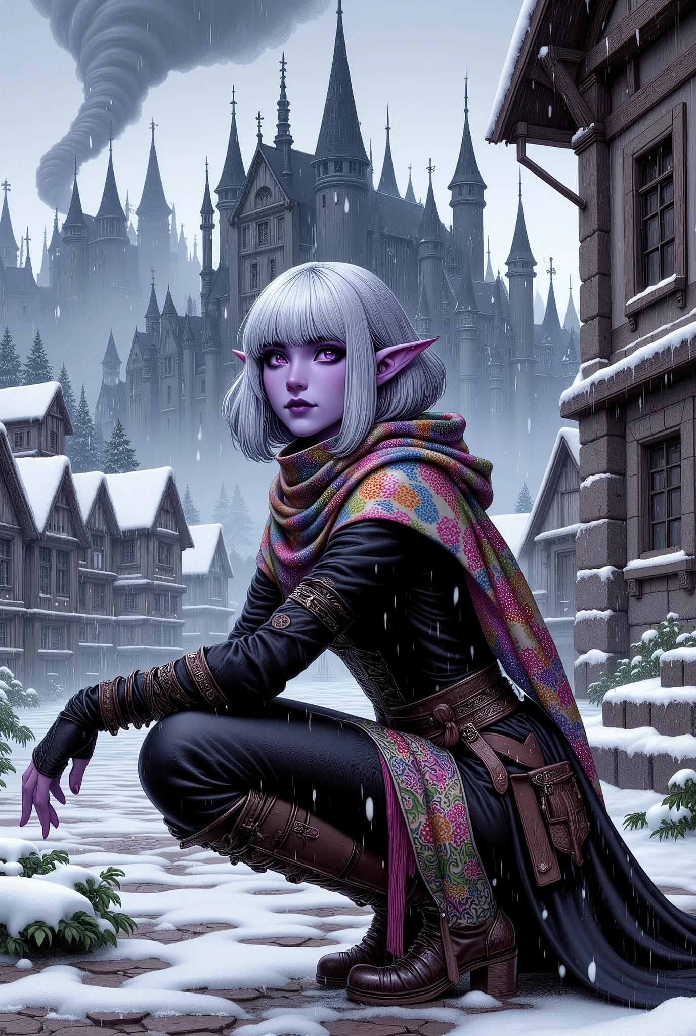 (Ultra-detailed face, Looking away, Fantasy Illustration with Gothic, Dark tone colors), BREAK 
(((As several tornadoes swirl and a blizzard covers the area in white)), Rogue, a dark elf woman, looks up at the huge, frozen ancient court from the courtyard of the audience chamber to the opulent throne of the King's Chamber. Snow blows into the King's Chamber, freezing everything in sight. The female rogue crouches down to keep the wind from blowing her away and holds up her hands to protect her face from the snow.), BREAK 
(A young female dark elf rogue, half black, half gray, with white eyebrows, blunt bangs, hair tied in a bow around her shoulders, small pink lips, dark purple skin, and thick eyeliner.), BREAK 
(A female dark elf rogue wears a translucent, rainbow-colored scarf wrapped around her braided rack and a neckerchief around her neck to protect her from the wind. She wears a tight orange velour lace-up dress in a paisley pattern with silver thread trim. She wears a wide black sash with many pouches tied around her waist, and a necklace and bracelet made of rainbow-colored beads. She wears boots with white fur.), BREAK 
(This is the extremely cold north, where even the lava freezes. The vast kingdom, supposedly created by a Viking king, is now closed off to snow and ice. Tornadoes and blizzards blow throughout the year in this jewel-like northern capital. A gigantic city rises, with its gothic royal palace and needle-like spires silhouetted against the sky.)