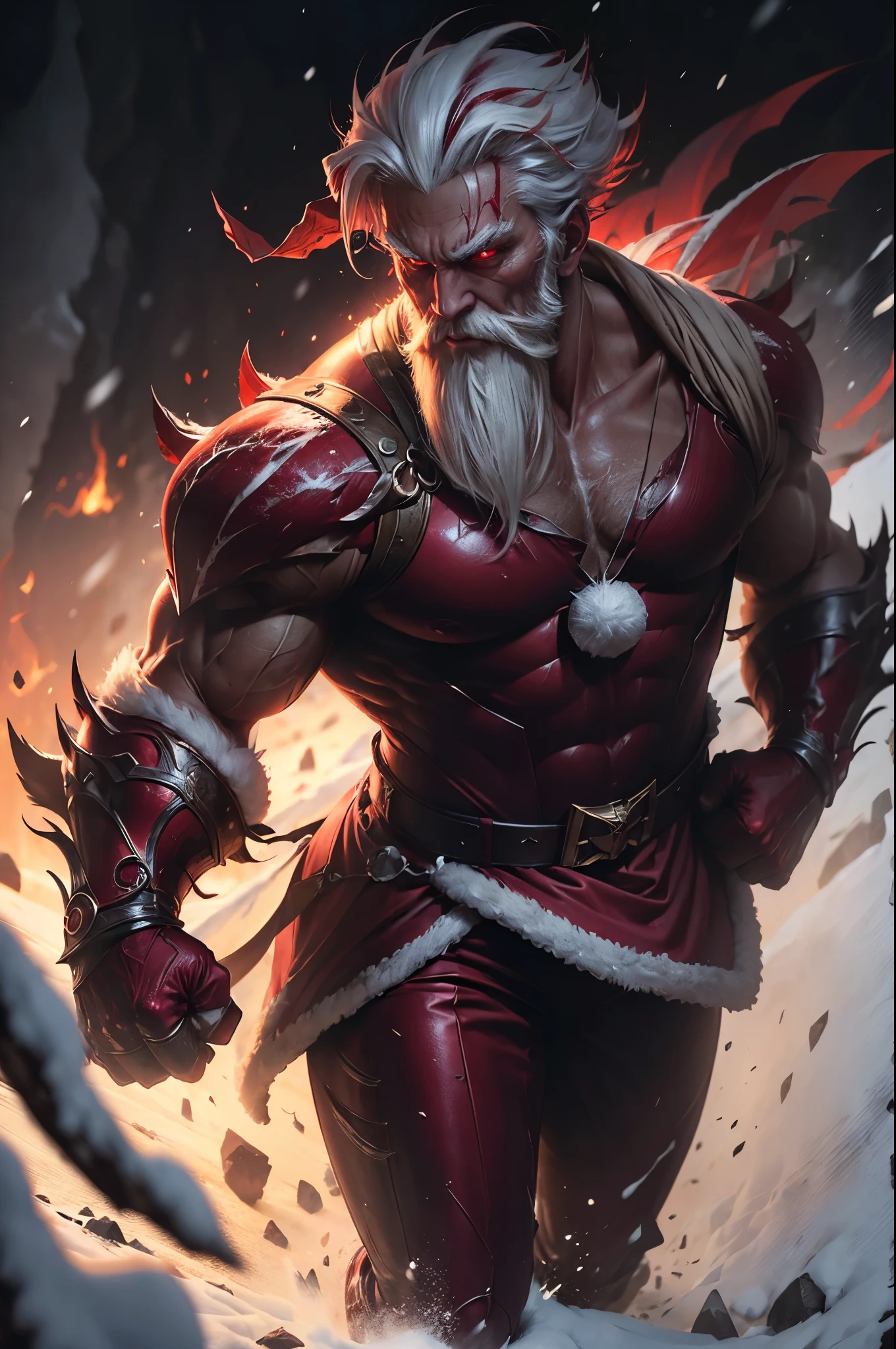 (( Top Quality, masterpiece:1.3)), ( sharp focus :1.2), full body, (60세 male), (Santa Claus, 198cm), (His eyes flash with a crimson glow.), (He walks calmly through the snowstorm on a dark night, across a snow-covered field.), (snowstorm), (He is wearing crimson metal knuckle dusters on both hands.), (A terrifying crimson light flashes in his eyes.), 사악한 미소. 산타 모자.