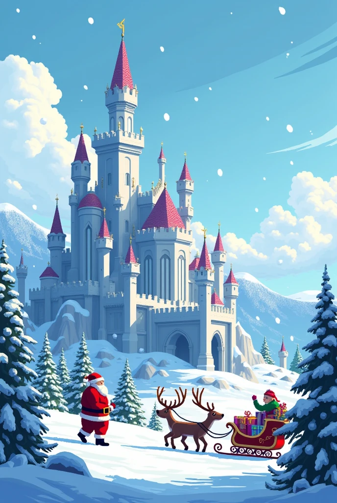 (Masterpiece, High Quality, High Definition, 4K, 8K), Pixel Art, Ice Kingdom, Majestic and Gorgeous Castle, Santas in the garden with Christmas presents on reindeer sleigh, White World, Santa Games