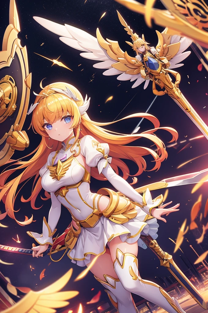 Rin々Funny face、mecha wing、Golden Wings、Thighs、tights、chest、 shiny blond hair、 1 girl、 solo girl、 headset 、mecha girl、White clothes、Golden mini skirt、 holding a sword 、sword、 has a shield、shield、priestess