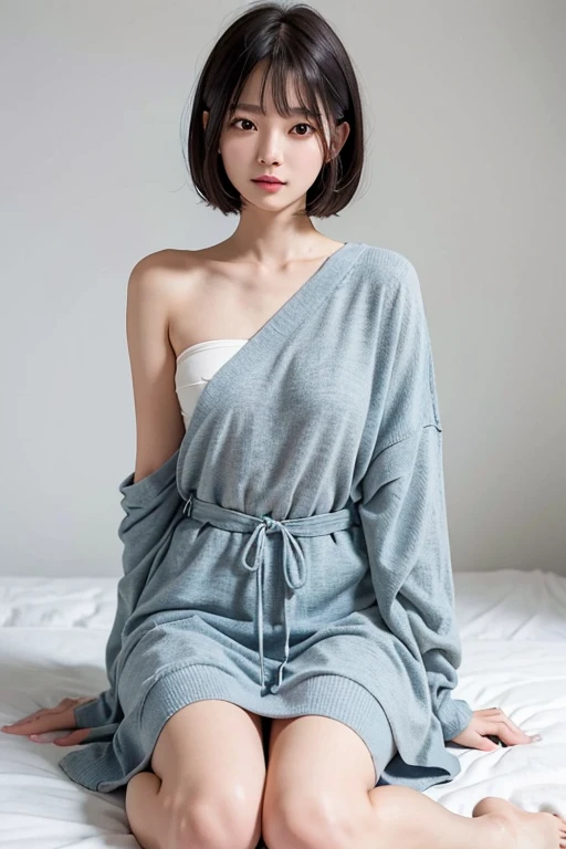 Young Japanese woman, 30s, white background, simple background, short bob hair, slender, 4K, 8K medium, high resolution, beautiful woman, beautiful eyes, simple, high resolution, alone, beautiful skin, beautiful skin, Smile, relax, 