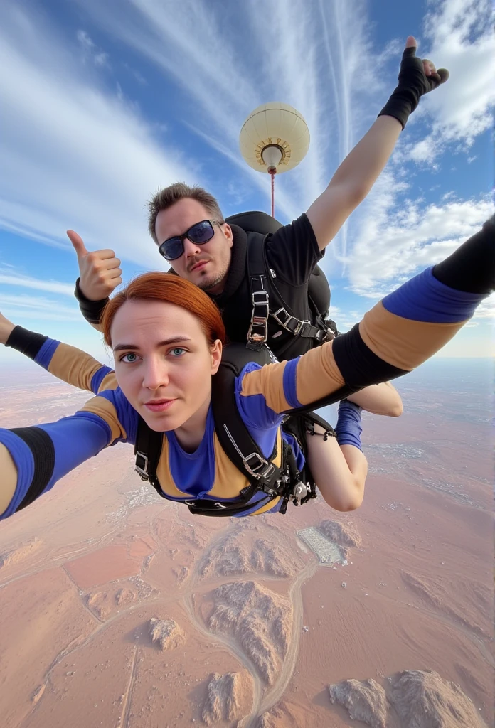 amouranth and lilamaddyson, 2 people, American couple rides, flies down with a parachute and takes a selfie, thumbs up, watch to the camera, selfie, wide angle, red head girl, 1girl, 1boy, dirt