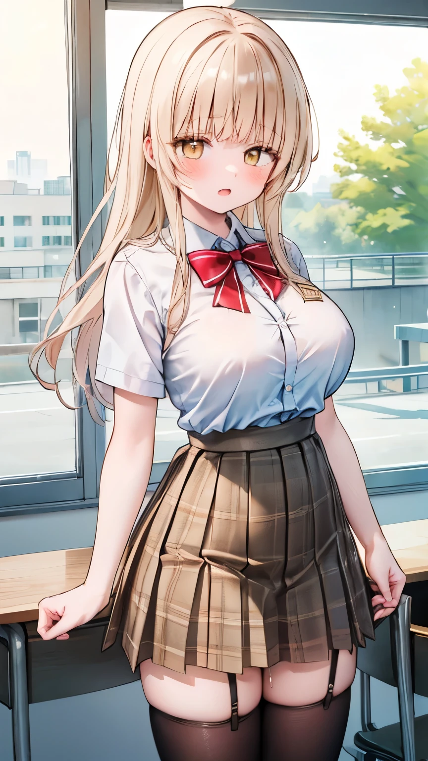 best quality,1girl,((big breasts:1.3)),orgasm,blush,sweat,mahiru shiina, bangs, blonde hair, brown hair, (yellow eyes:1.3),long hair, skirt, bow, (school uniform), pleated skirt, plaid, plaid skirt, (red bowtie:1.2),lift skirt,upskirt,white panties,pussy,pussy juice,thighhighs,classroom、 expose my chest、 Bare Breasts、Nipples