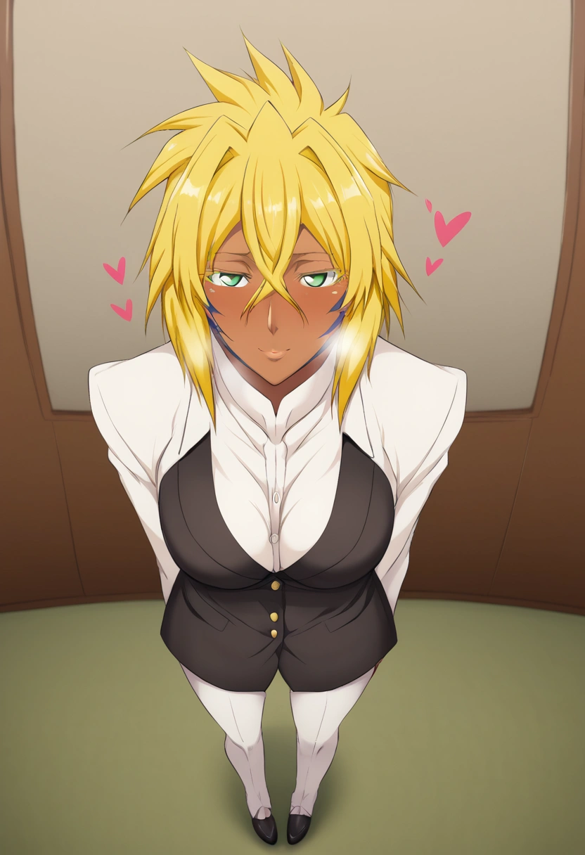 Tier Harribel, Female 1 person  ,   yandere,  Viewers,  intense breathing in a gang's lair , Students are hearts,褐色の肌,Brown Skin,Yellow-green eyes,Yellow Hair, hotel interior,The pupils are hearts, standing, full body is shown