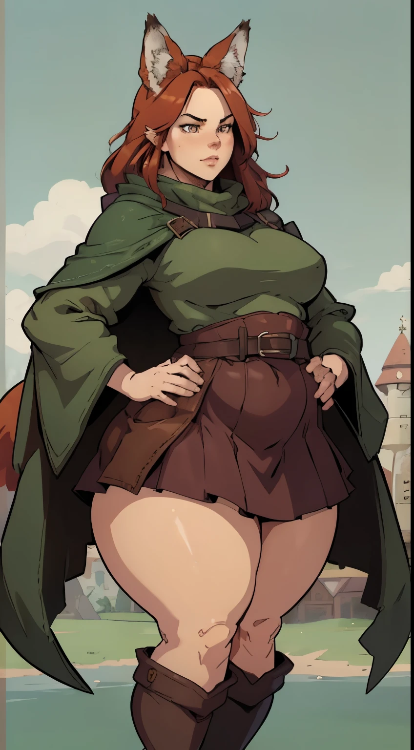 a magical blend where all these artists crash the same party. surreal elements, and storytelling prowess, embodying the diverse and rich artistic spirit of the Northern Renaissance era). wizard female (big knockers), brown boots, brown belt, long messy red hair, holding a staf (electric power), green tunic with golden ornaments, white skin, gorgeous and voluptuous