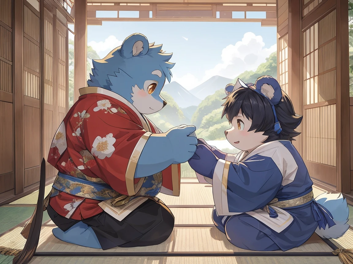 （morning），  A boy is playing with his younger brother ， Wearing a costume unique to Japan ， There are many patterns on the costume ，quality， Rich colors ， extremely detailed，Full body close-up，Beautiful appearance ， Both teenagers are fat blue bears， Orange-gold eyes ， Mighty and handsome ，Thick hair on the body， cute
