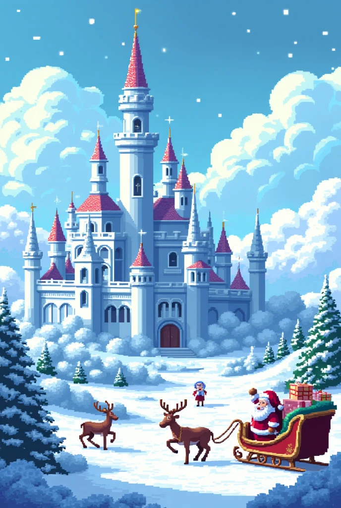 (Masterpiece, High Quality, High Definition, 4K, 8K), Pixel Art, Ice Kingdom, Majestic and Gorgeous Castle, Santas in the garden with Christmas presents on reindeer sleigh, White World, Santa Games