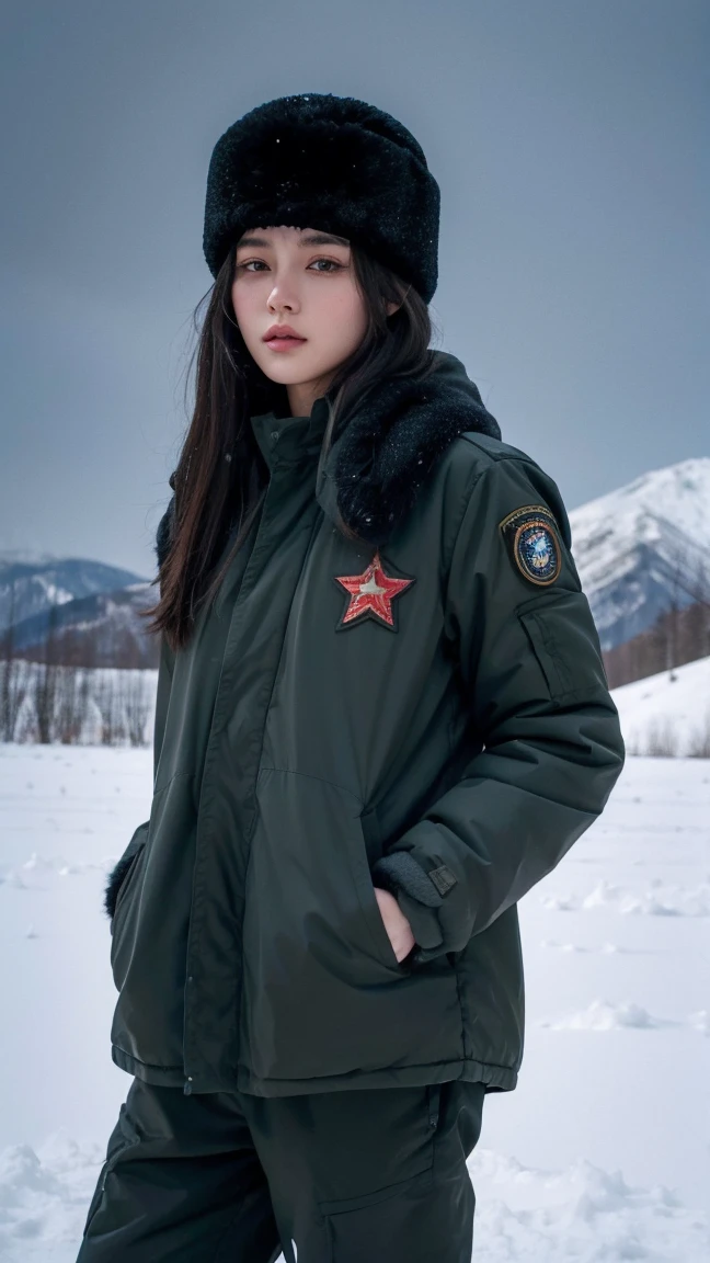 ((best quality)), ((masterpiece)), (detailed), perfect face, beautiful female, tall body, black hair, long hair, winter military uniform, thick winter combat suit, ushanka, ushanka with a red star in the middle, standing in the middle of a snowy mountain, breath emitting steam, sharp gaze at the viewer, badass looking, cool face, Hands put in pockets 