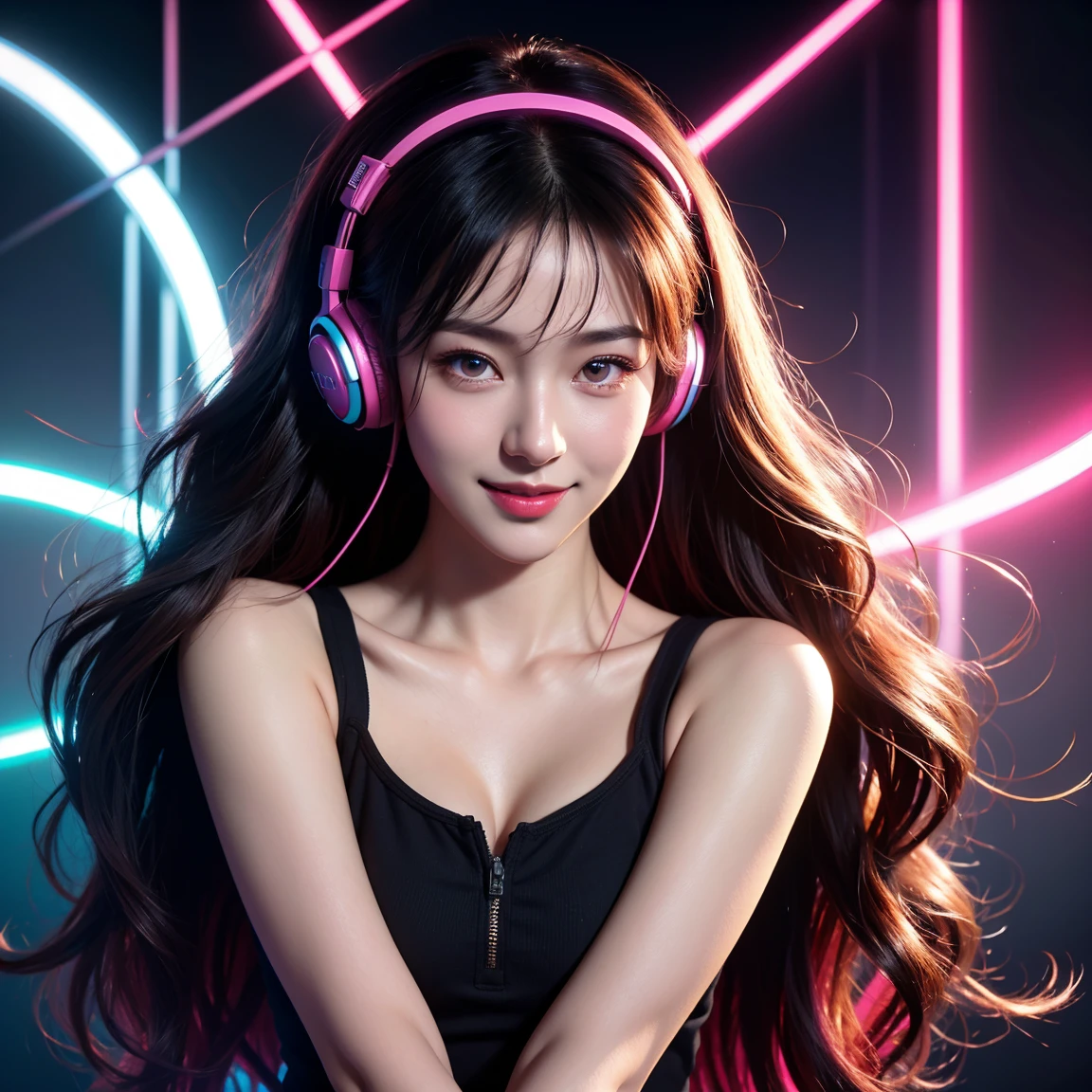 1 girl, beautiful girl DJ, Long wavy hair, face perfect, beautiful gray eyes, lush long eyes, wearing headphone, , listening to music, neon background, tight colored shirt, multicolored environments, Fine body, wide open chest, large breasted, photo of body:1.2, great smile, 8K, ultra HD, high resolution photo, work of art, top quality photo,