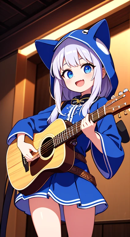 playing guitar, sitting on the floor, grass around, wooden wall behind, sad features, old west, old west clothes, northeastern bandit hat