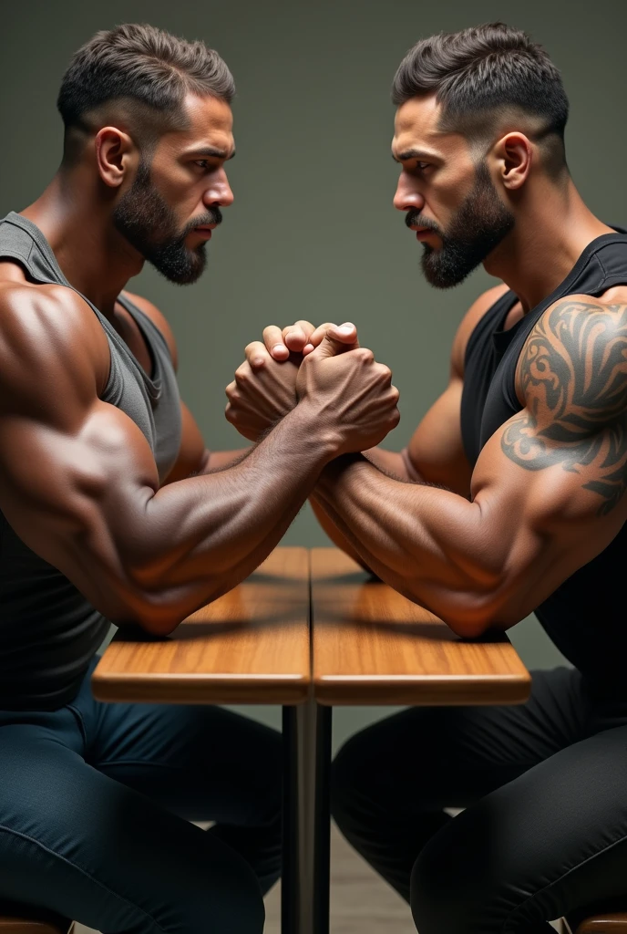 (Very detailed 8k wallpaper), two bodybuilding men, muscle worship, arms folded, At the gym, high detailing, buzzcut, very large and strong body, bulging muscles, well-muscled, very large pectoral muscles. Very sexy abs, legs are muscular, Toned figure, lightens oily skin, muscular, Tank top, T-shirt, longshot, Wide Shot