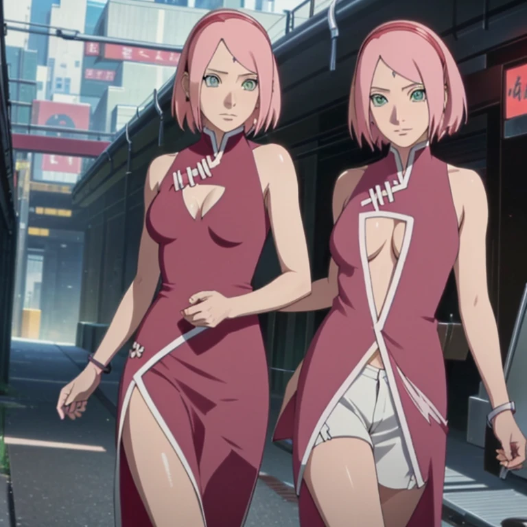 Adult Sakura Haruno from NARUTO. She has a beautiful bright pink hair, and Green Eyes. She has a sexy Breasts, and beautiful body. She dressed with a red open cleavage clothes as she walked on the pedestrian.