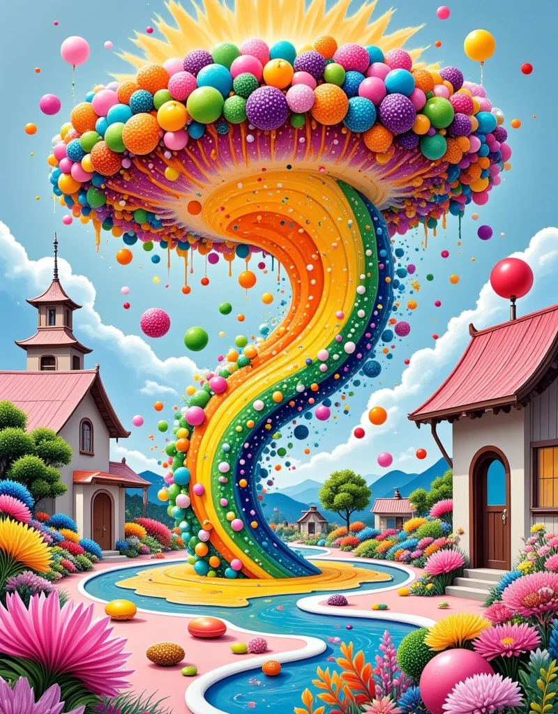 A massive swirling tornado made entirely of candy rushes through a small town. Gummy bears, candy canes, and chocolate bars spin wildly in the vortex, bouncing off buildings and creating a rainbow of sugary chaos. The air smells sweet as the candy storm sweeps through.