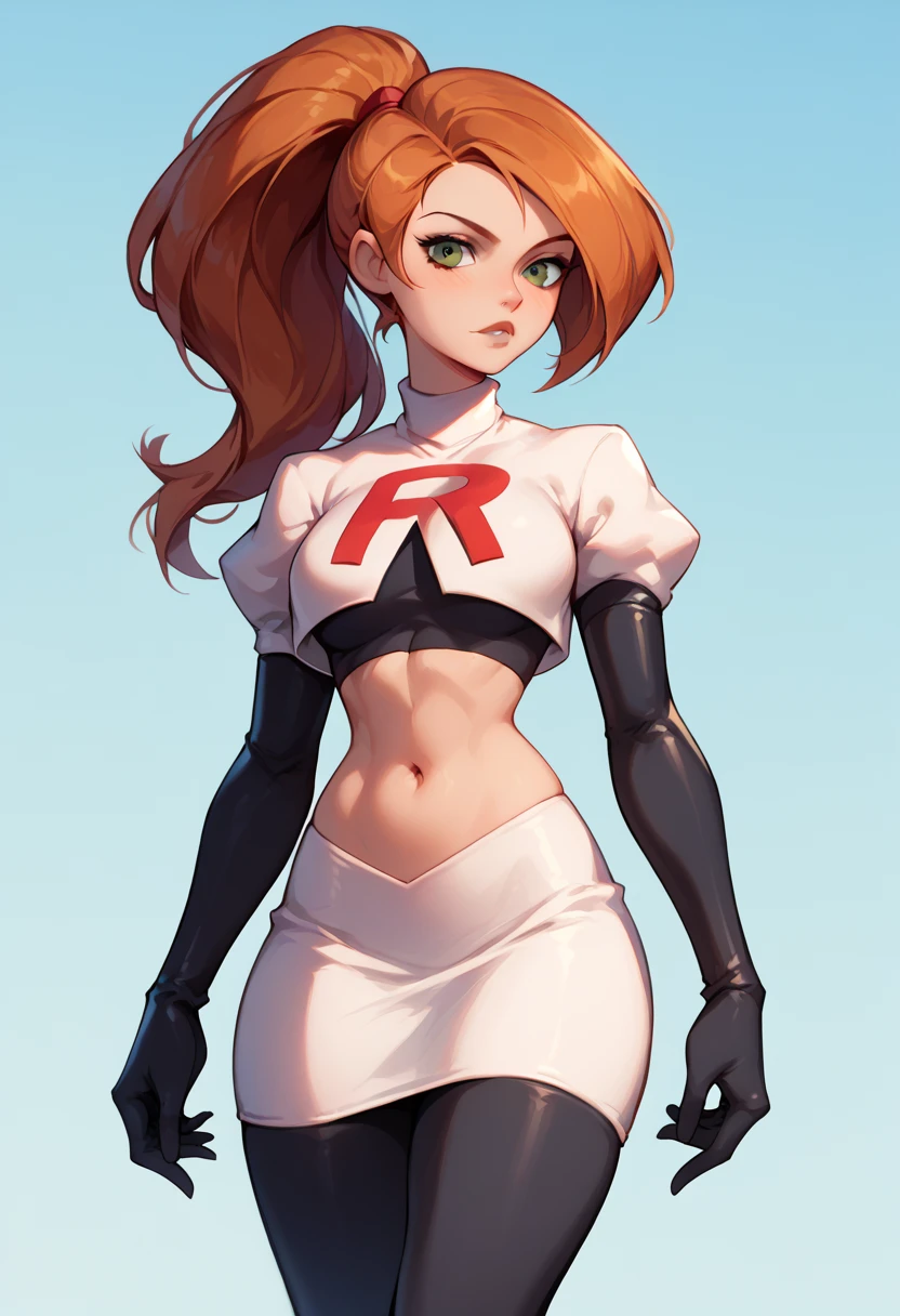 1girl, solo, Kim Possible, ponytail,  Team Rocket, Team Rocket uniform, White skirt, red letter R, crop top, black tights, black elbow gloves cowboy shot, looking at the viewer.