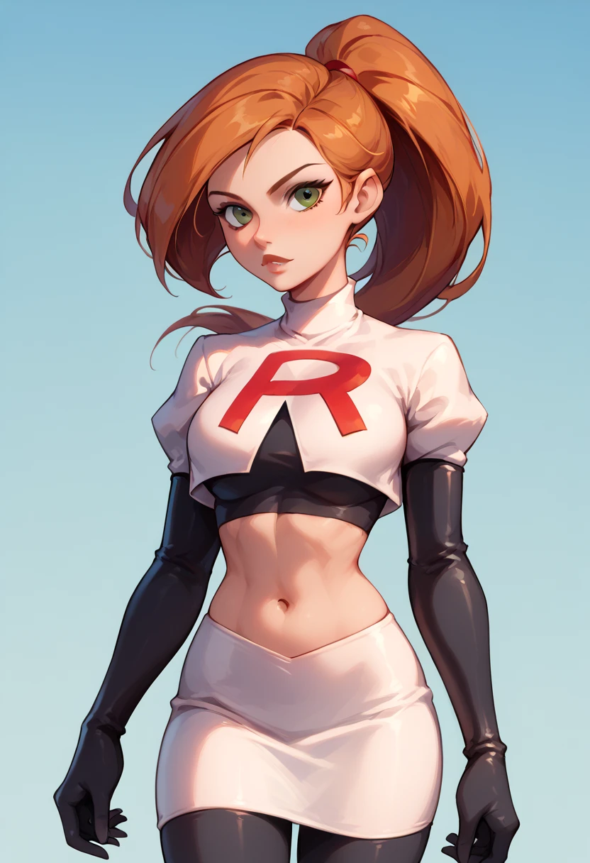 1girl, solo, Kim Possible, ponytail,  Team Rocket, Team Rocket uniform, White skirt, red letter R, crop top, black tights, black elbow gloves cowboy shot, looking at the viewer.