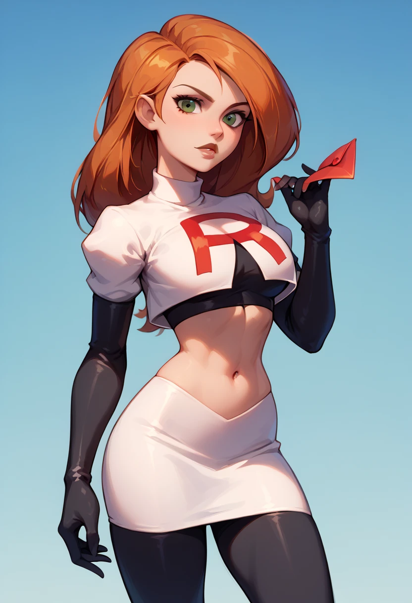 1girl, solo, Kim Possible, Team Rocket, Team Rocket uniform, White skirt, red letter R, crop top, black tights, black elbow gloves cowboy shot, looking at the viewer.