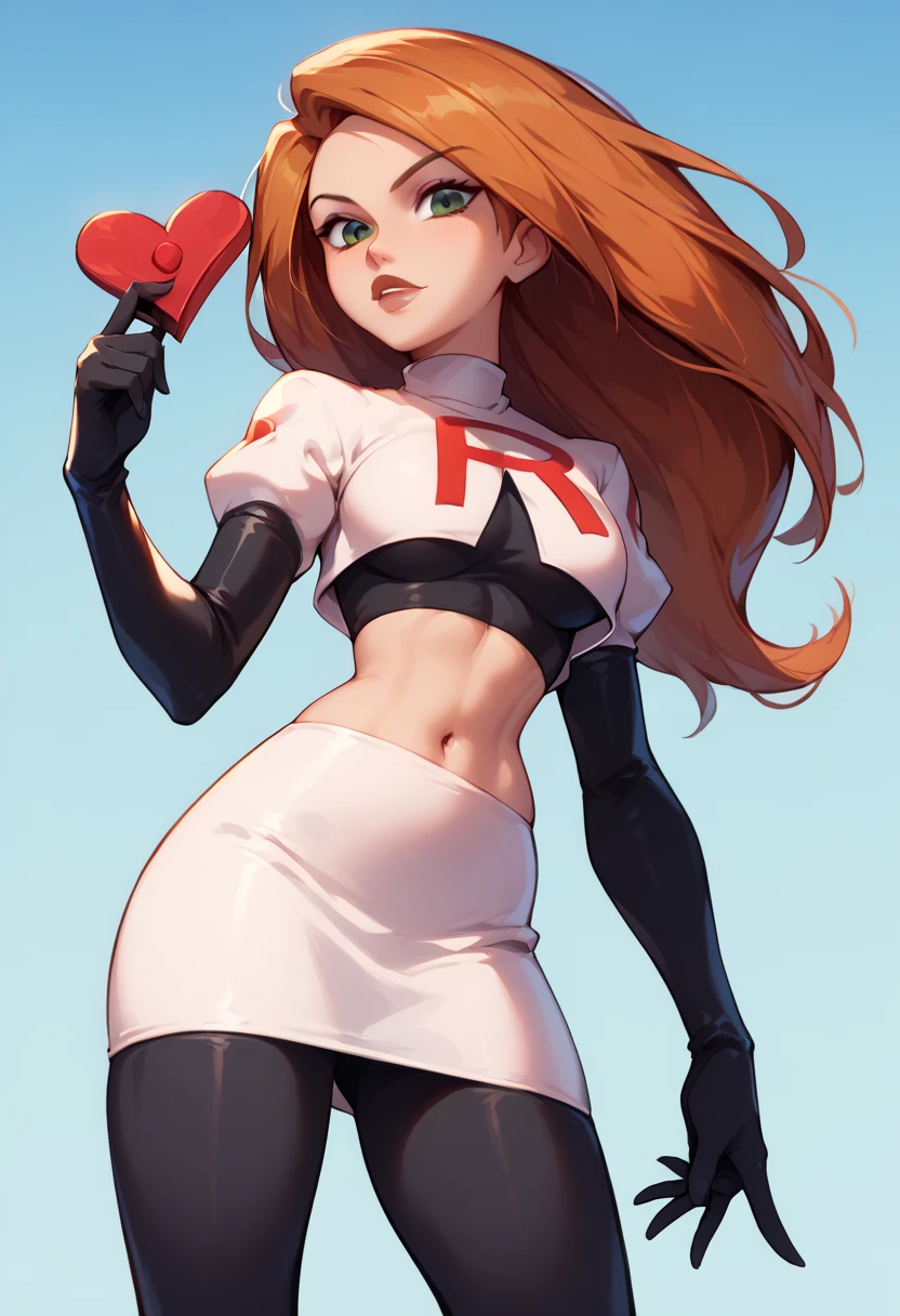 1girl, solo, Kim Possible, Team Rocket, Team Rocket uniform, White skirt, red letter R, crop top, black tights, black elbow gloves cowboy shot, looking at the viewer.