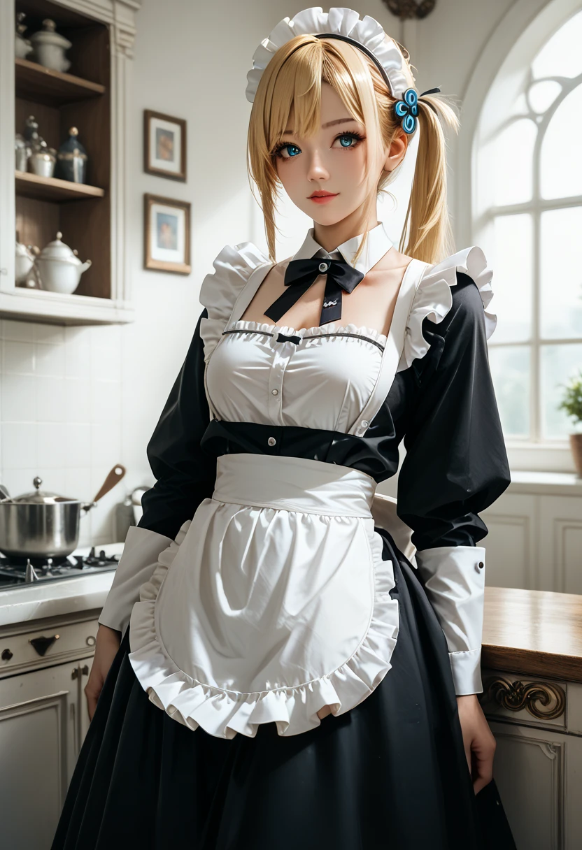 a masterpiece,  best quality,  high definition ,  1 girl, Hayasaka Moon, One,  blonde hair, Maid,  blue eyes,  side tail, Hair ties,  hair ornament, синяя Hair ties, Maid headdress, apron, Hair between the eyes, chest,  Long Sleeve , bang,  white shirt,  black dress, sidelocks, Maid apron,  black tights,   cowboy shooting,  