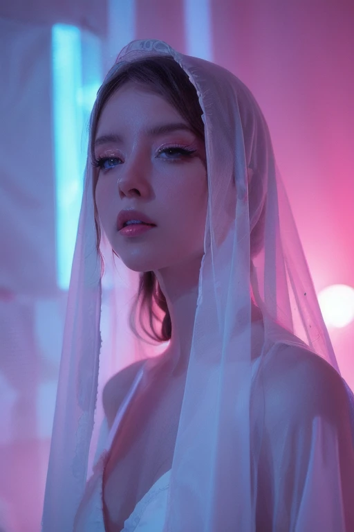 virgin mary, Electronica concert, Sensual young woman, white veil, white eyes,  white skin , maquillaje rosa neon