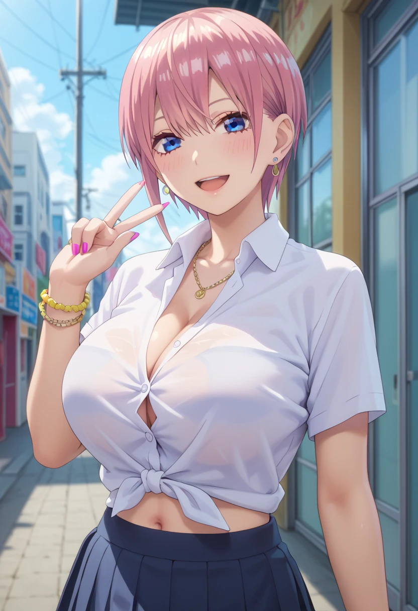 (Tall girl, Fit girl,score_9, score_8_up, score_7_up, score_6_up, uncensored, 1girl, ichika nakano, short hair, bangs, blue eyes, hair between eyes, pink hair, bangs, blue eyes, shirt, hair between eyes, huge breasts, collared shirt, tied shirt, pleated skirt, flashy gyaru, happy, showy,too many accessories, colorful , kogal, kogal gyaru, necklace, earrings, bracelet, navel, midriff,