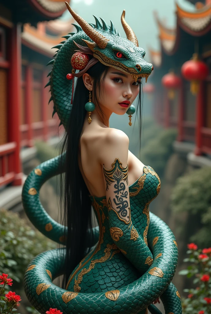 masterpiece, best quality, 1girl, <lora:kwFemale_Beta40-SDXL_v1:1>, green, chinese, cobra and scorpion entangle, jungle, grass, cleavage, stomach tattoo, nipple piercing, waifu