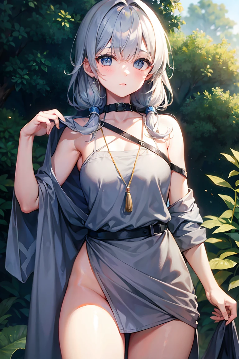 High resolution,high resolution,Girl,(Braiding,Gray Hair,Short Hair,Blue accent color),Purple Eyes,Slanted Eyes,Bad mood,boyish,slender,hot spring,bath towel,Tattoo,naked,Red cheeks,Starry Sky,choker,Wet with sweat,