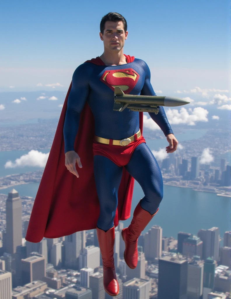 a buff man in a superman costume (think movie version of Superman-black undercut, blue tights and red cape and red boots and red briefs) holds a small, A flying Superman cradling a nuclear missile that has reached the atmosphere far above New York..、correct the trajectory、expel into space。, full body photo