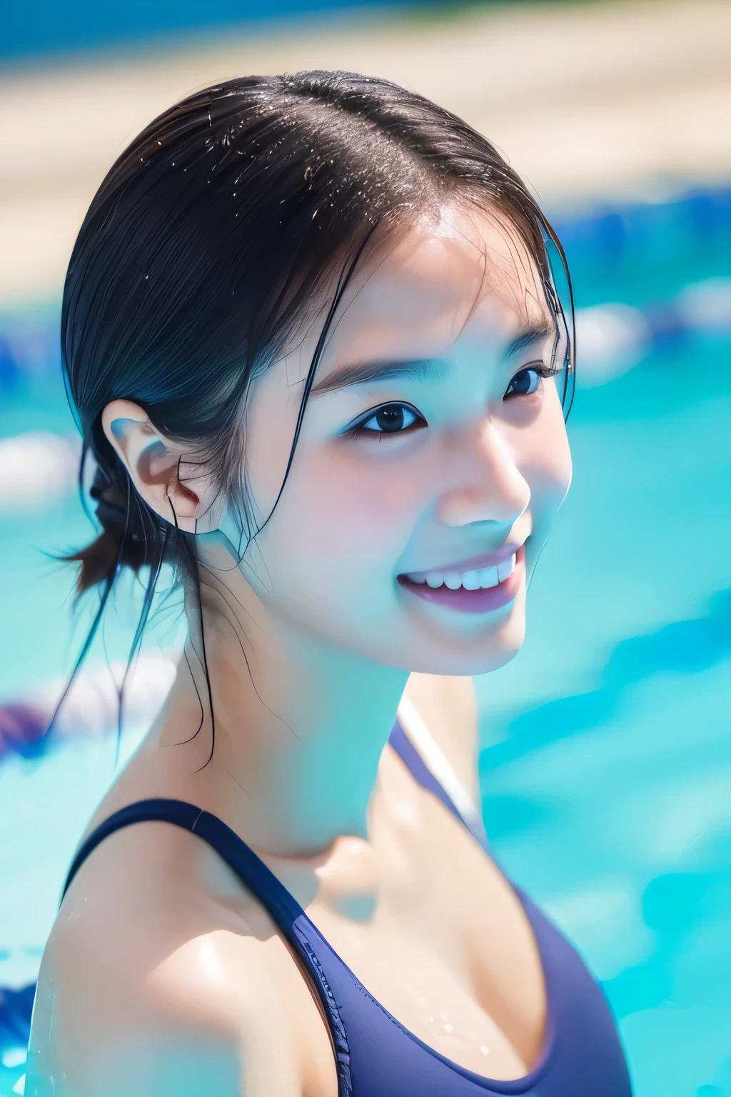 A beautiful teenage girl of Asian descent is standing in the shallow part of a privately owned swimming pool before swimming. She is smiling, she looks happy and content. She is facing at the front. She has beautiful long black hair. She is wearing a blue one-piece swimsuit with a tropical pattern. She has a fair complexion.
Her black hair is long and straight. 
She has a wide forehead with a slightly rounded hairline.
Her eyebrows are dark and straight.
She has almond-shaped eyes.
Her nose is small and straight.
She has a rounded face with full cheeks.
Her lips are full, and she is smiling slightly.