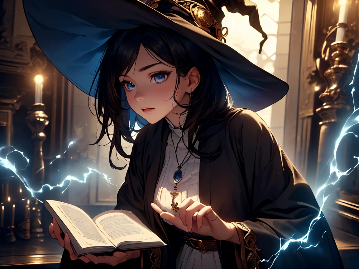 (((Best quality, 8k, Masterpiece: 1.3)), ((best quality)), ((masterpiece)), (detailed), perfect face, perfect body, (detailed skin:1.3), (intricate details), Black hair, witch, witch hat, flashing light, holding a spellbook in the left hand, right hand thrust forward, blue light on the fingertips of the right hand, Black robe, white blouse, pendant