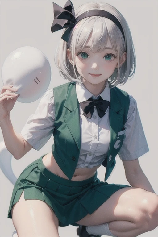 masterpiece, best quality, 1girl, white hair,short hair,hair ribbon,hairband, green eyes,bow,white shirt,green vest,green skirt,cowboy shot, smile,konpaku youmu (ghost),grey background,  squat,bikini