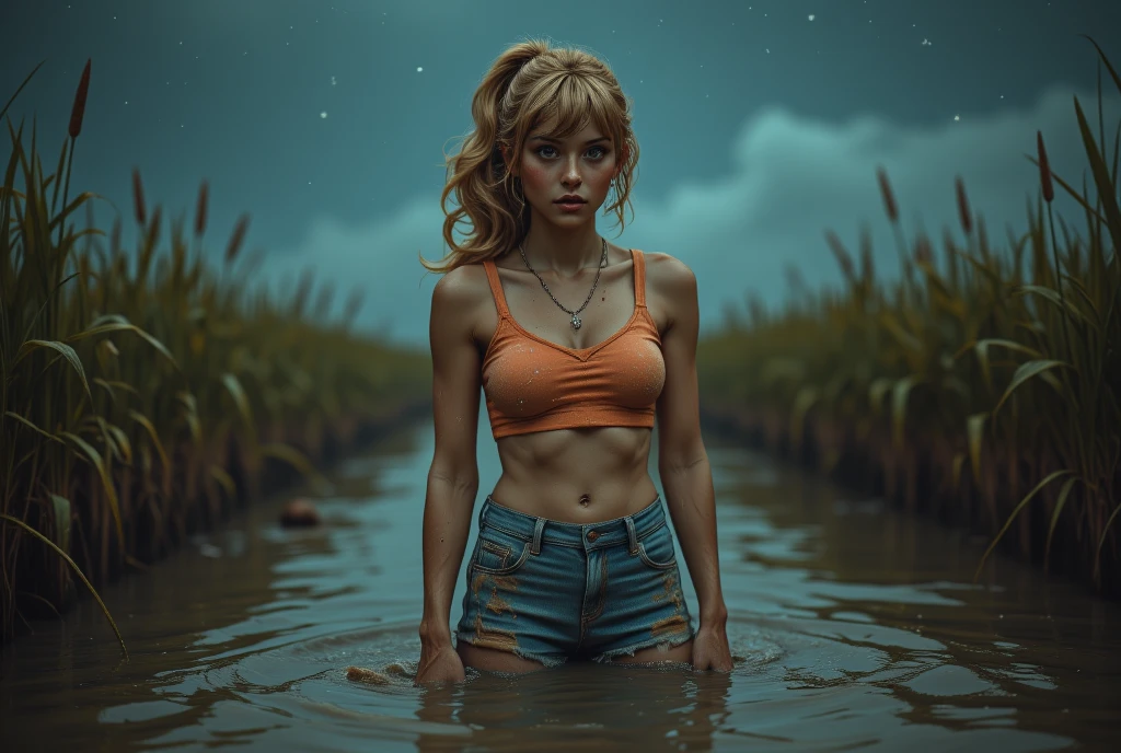 portrait, The teenage girl stuck into a deep muddy swamp , messy denim jeans are soaked of sticky sludge,   , vivid, muted vintage , restless and vulnerable , reeds, night sky stars, exquisite ponytail