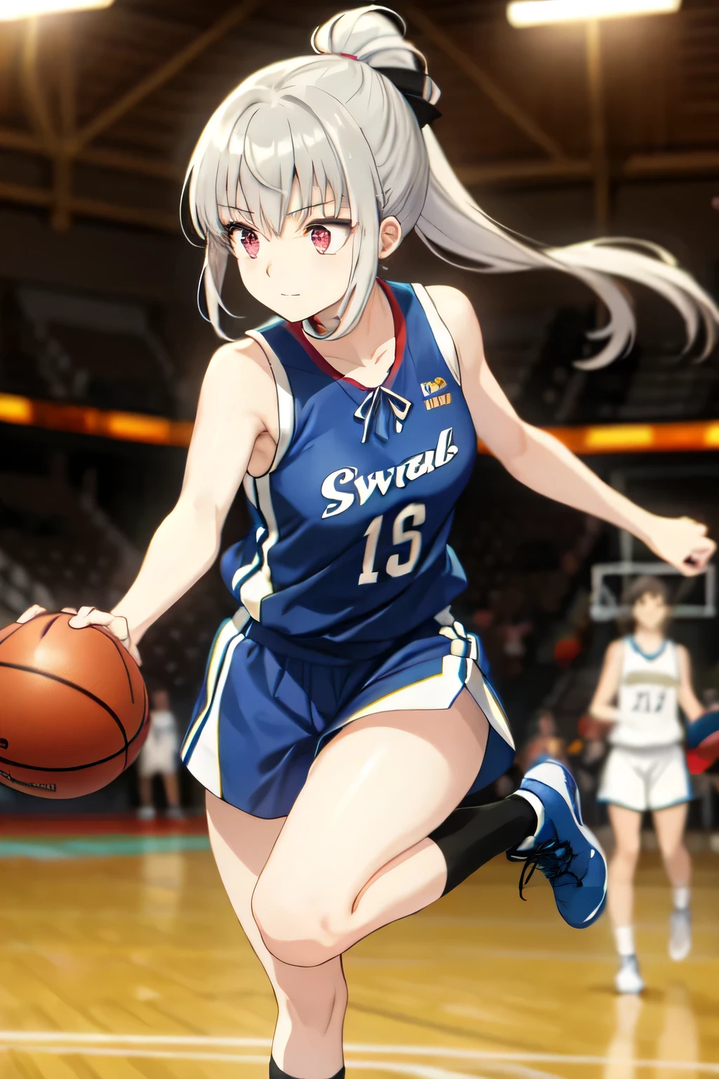 A young female basketball player performing a vivid jump shot. She holds the ball firmly in both hands, aiming for the goal with perfect form. Her slim basketball uniform accentuates her toned body, and black high socks add a stylish contrast. Her carefully braided blonde hair sways gently as she jumps, with pink eyes expressing intense concentration. The polished wooden floor of the brightly lit gymnasium enhances the atmosphere, capturing the strength, elegance, and beauty of the sport. best quality, ( Masterpiece :1.2), 1 girl , Alone, closed mouth , Grey Hair, Green Eyes, neck ribbon,