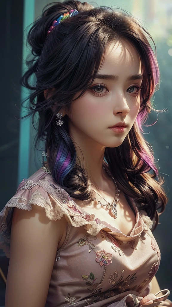 (  colorful large silhouette top,  everyday clothing and mode type  :1.0), 8k wallpaper, wonderful, (masterpiece), (  top quality), ( VERY DETAILED ), (illustration), (  very detailed and beautiful  ),dynamic angle,rainbow hair  , Detailed and cute face  ,  very detailed and beautiful  girl,