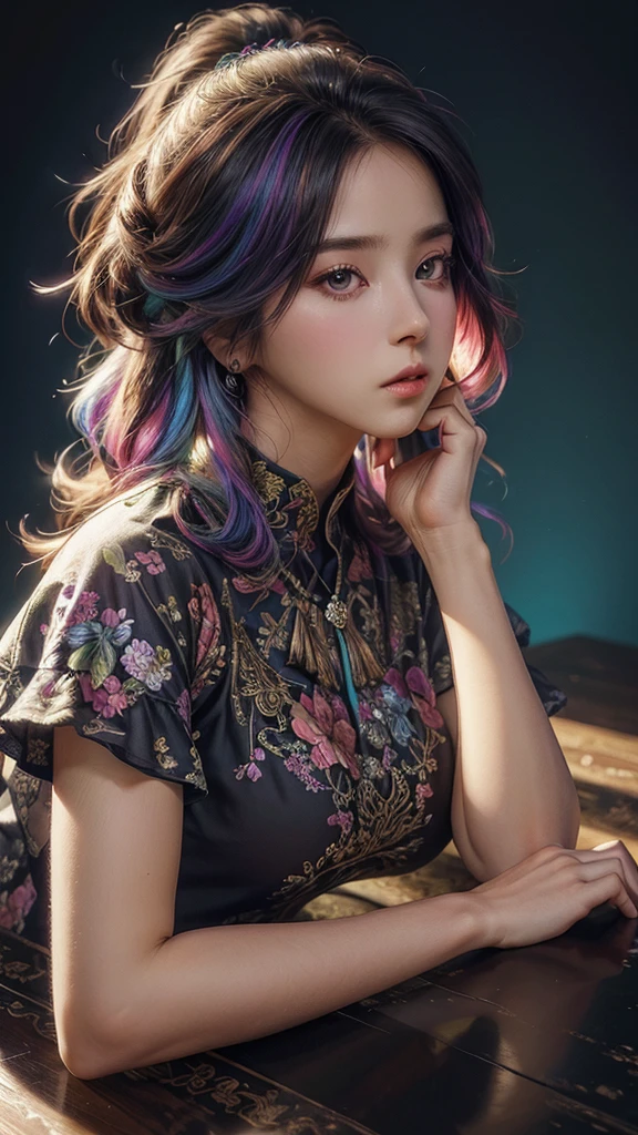 (  colorful large silhouette top,  everyday clothing and mode type  :1.0), 8k wallpaper, wonderful, (masterpiece), (  top quality), ( VERY DETAILED ), (illustration), (  very detailed and beautiful  ),dynamic angle,rainbow hair  , Detailed and cute face  ,  very detailed and beautiful  girl,