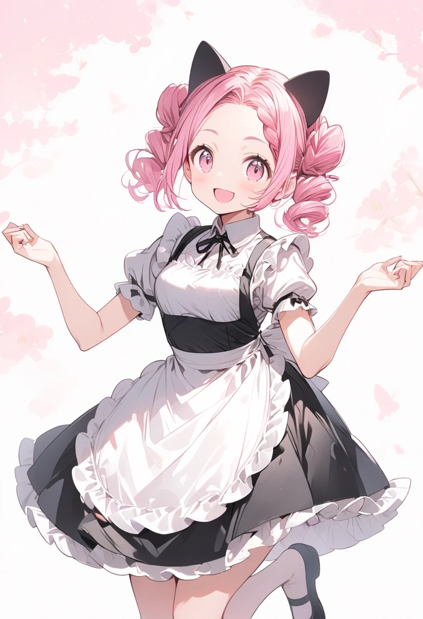 Chica 3/4 short pink hair book hairstyle, smiling full body pose floating /full body),  wearing a maid dress and neko ears
