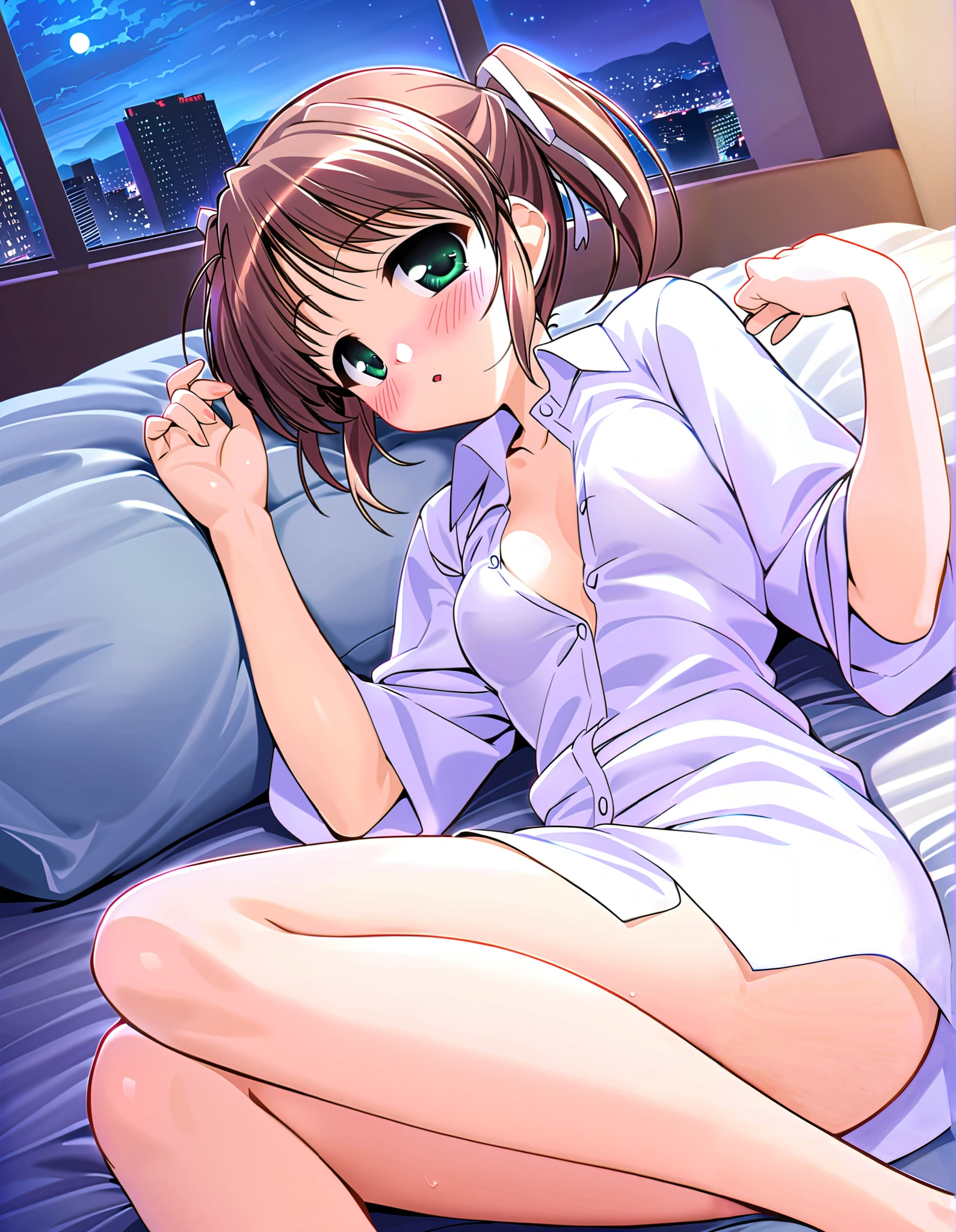 Asagiri Mai, (cowboy shot),  brown hair,  shorthair, Hair ribbon, twintails, Green Eyes, ( small breasts),  cleavage, (Naked shirt:1.1), (lying on the bed:1.2), ( I'm sleeping well:1.2), (Red cheeks:1.2), (bedroom), ( hotel :1.3), (night:1.3),  score_9,  score_8_superior,  score_7_superior,  source_anime, (best quality:1.2), 細部までこだわったanime,  high quality, full color, 8k,  high definition , nsfw