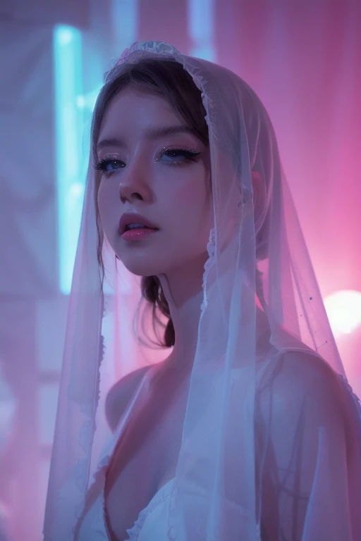 virgin mary, Electronica concert, Sensual young woman, white veil, white eyes,  white skin , maquillaje rosa neon