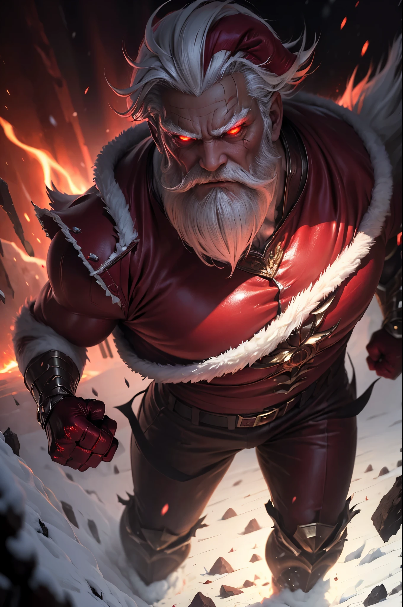 (( Top Quality, masterpiece:1.3)), ( sharp focus :1.2), full body, (60세 male), (Santa Claus, 198cm), (His eyes flash with a crimson glow.), (He walks calmly through the snowstorm on a dark night, across a snow-covered field.), (snowstorm), (He is wearing crimson metal knuckle dusters on both hands.), (A terrifying crimson light flashes in his eyes.), 사악한 미소. 산타 모자.