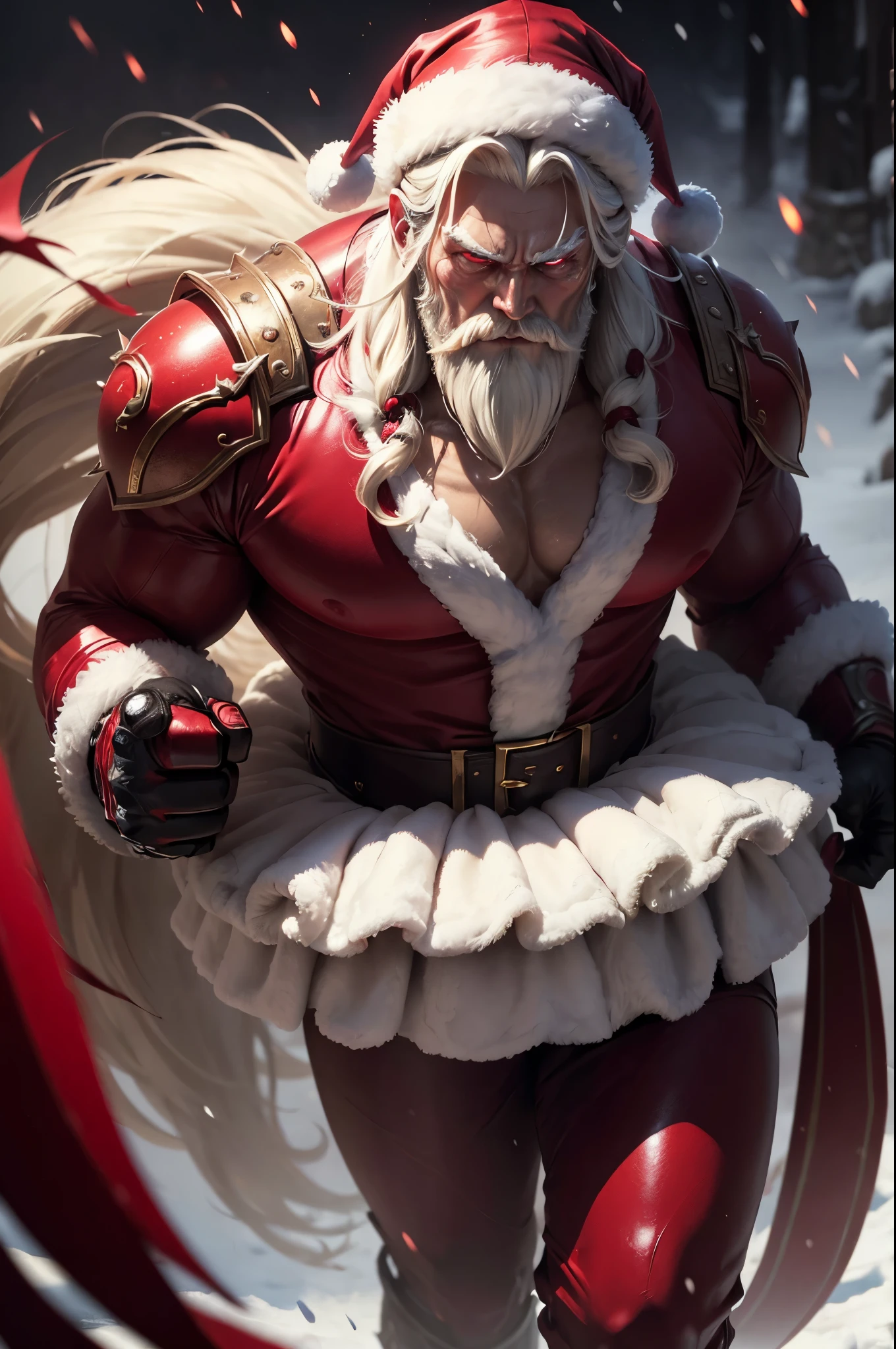 (( Top Quality, masterpiece:1.3)), ( sharp focus :1.2), full body, (60세 male), (Santa Claus, 198cm), (His eyes flash with a crimson glow.), (He walks calmly through the snowstorm on a dark night, across a snow-covered field.), (snowstorm), (He is wearing crimson metal knuckle dusters on both hands.), (A terrifying crimson light flashes in his eyes.), 사악한 미소. 산타 모자.