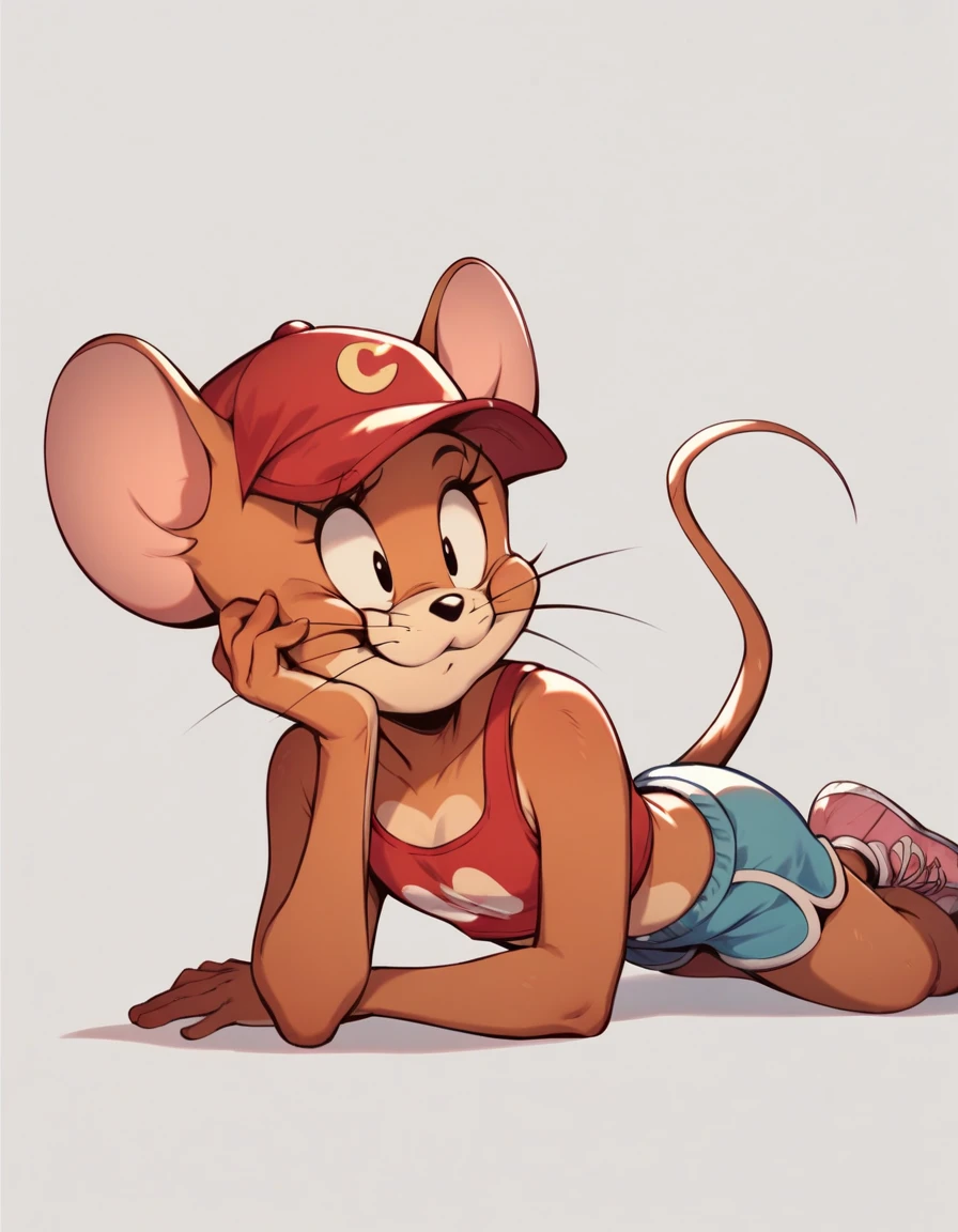 Fraction_9, Fraction_8, Fraction_9, rest, Jerry, mouse, Whiskers, mouse ears, mouse tail, red cap, red crop top, blue shorts, pink trainers