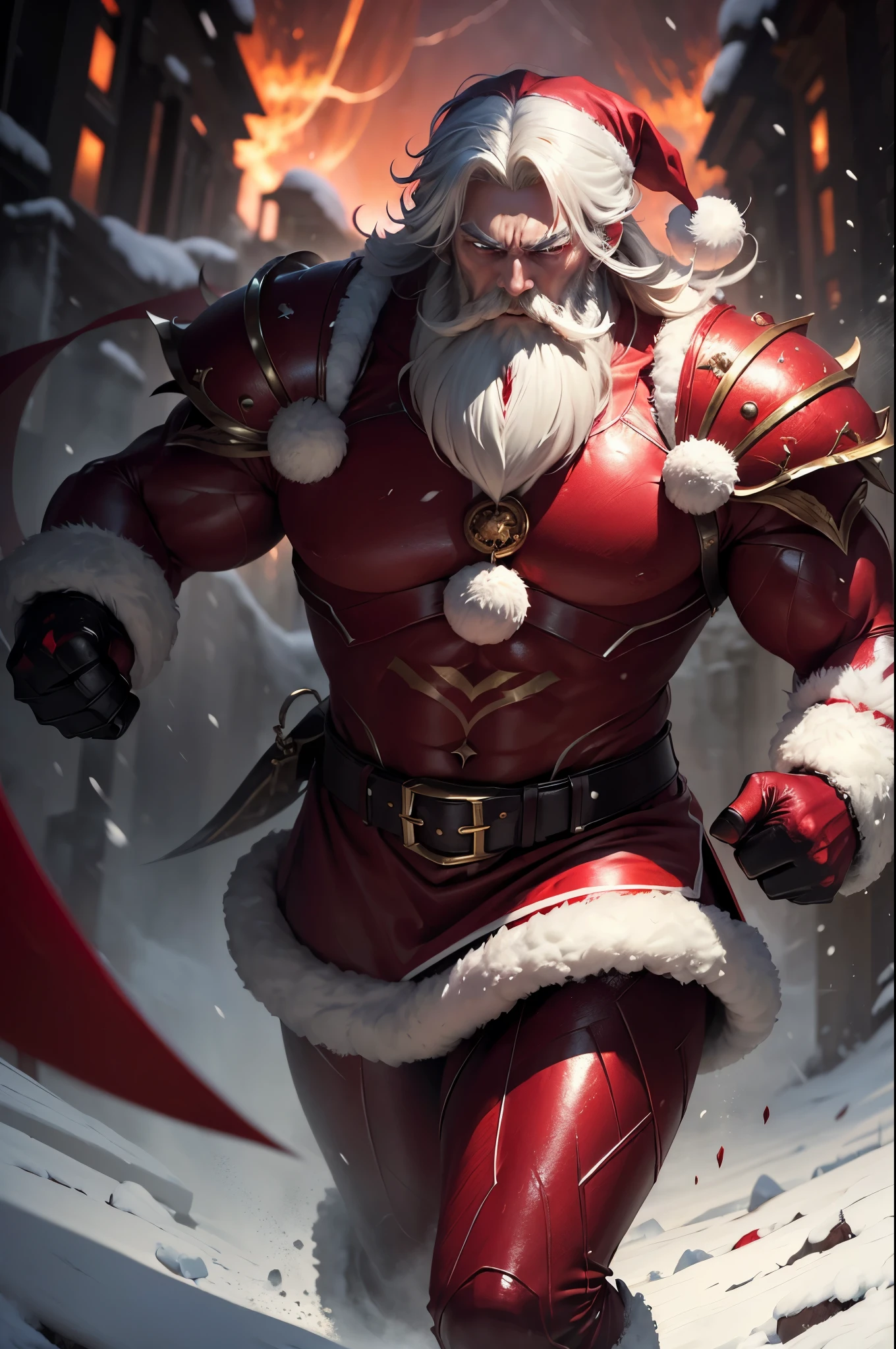 (( Top Quality, masterpiece:1.3)), ( sharp focus :1.2), full body, (60세 male), (Santa Claus, 198cm), (His eyes flash with a crimson glow.), (He walks calmly through the snowstorm on a dark night, across a snow-covered field.), (snowstorm), (He is wearing crimson metal knuckle dusters on both hands.), (A terrifying crimson light flashes in his eyes.), 사악한 미소. 산타 모자.