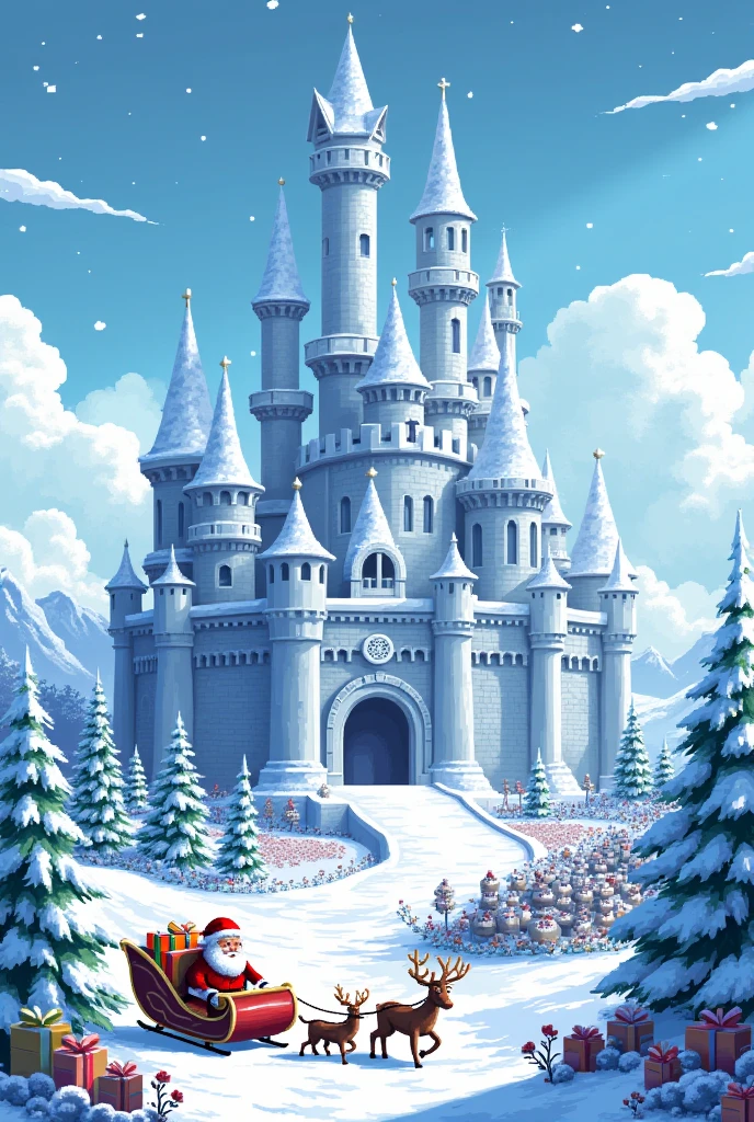 (Masterpiece, High Quality, 4K, 8K,( Pixel Art：2.0） Ice Kingdom, Majestic and Gorgeous Castle, Santas in the garden with Christmas presents on reindeer sleigh, White World, Santa Games