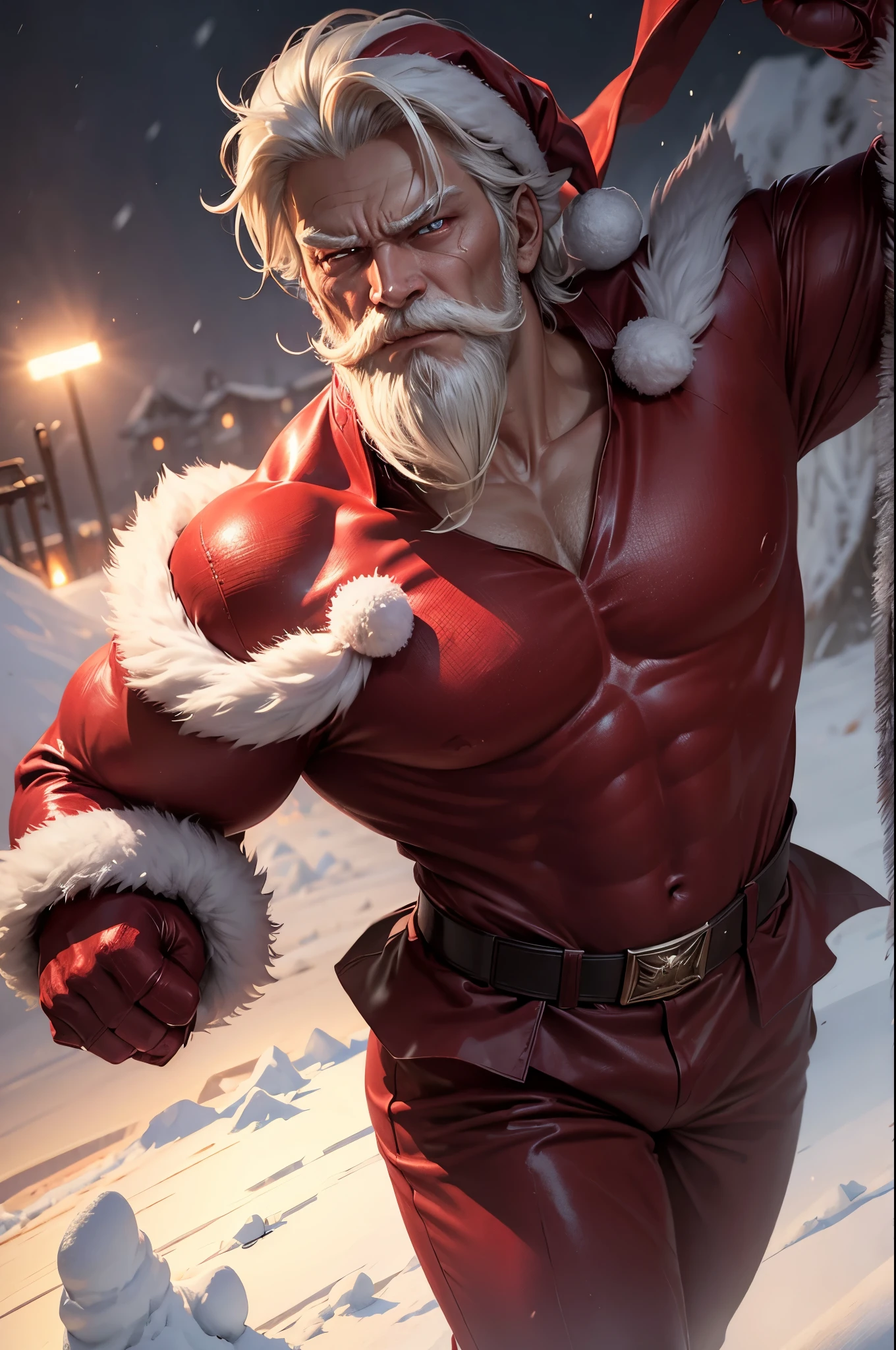 (( Top Quality, masterpiece:1.3)), ( sharp focus :1.2), full body, (60세 male), (Santa Claus, 198cm), (His eyes flash with a crimson glow.), (He walks calmly through the snowstorm on a dark night, across a snow-covered field.), (snowstorm), (He is wearing crimson metal knuckle dusters on both hands.), (A terrifying crimson light flashes in his eyes.), 사악한 미소. 산타 모자.